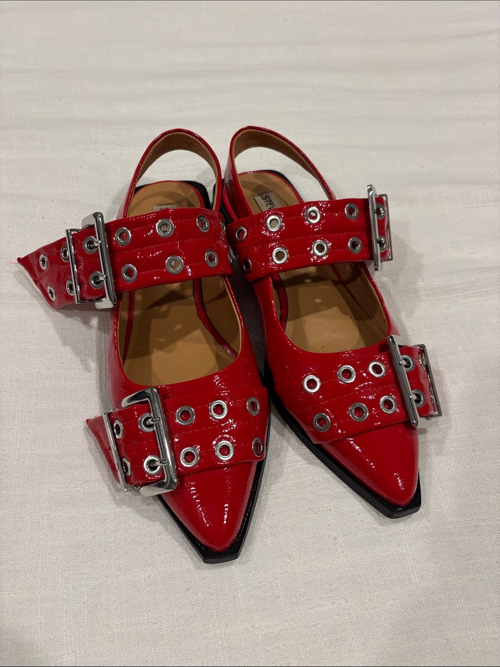 Red Steve Madden Slingback Pointed Flats with Grommet Buckles